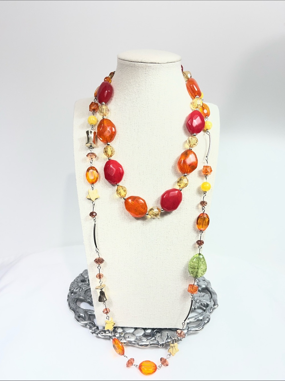 Y2K Era Boho Lot of 2 Chunky Red Orange Beaded & Long Beaded Station Necklace